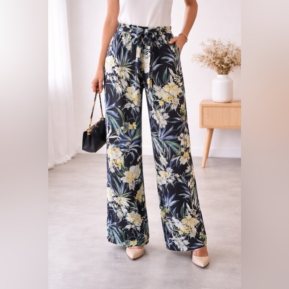 Zara Pants - Zara Women’s Tropical Floral Wide Leg Beach Pants Tie Waist XS